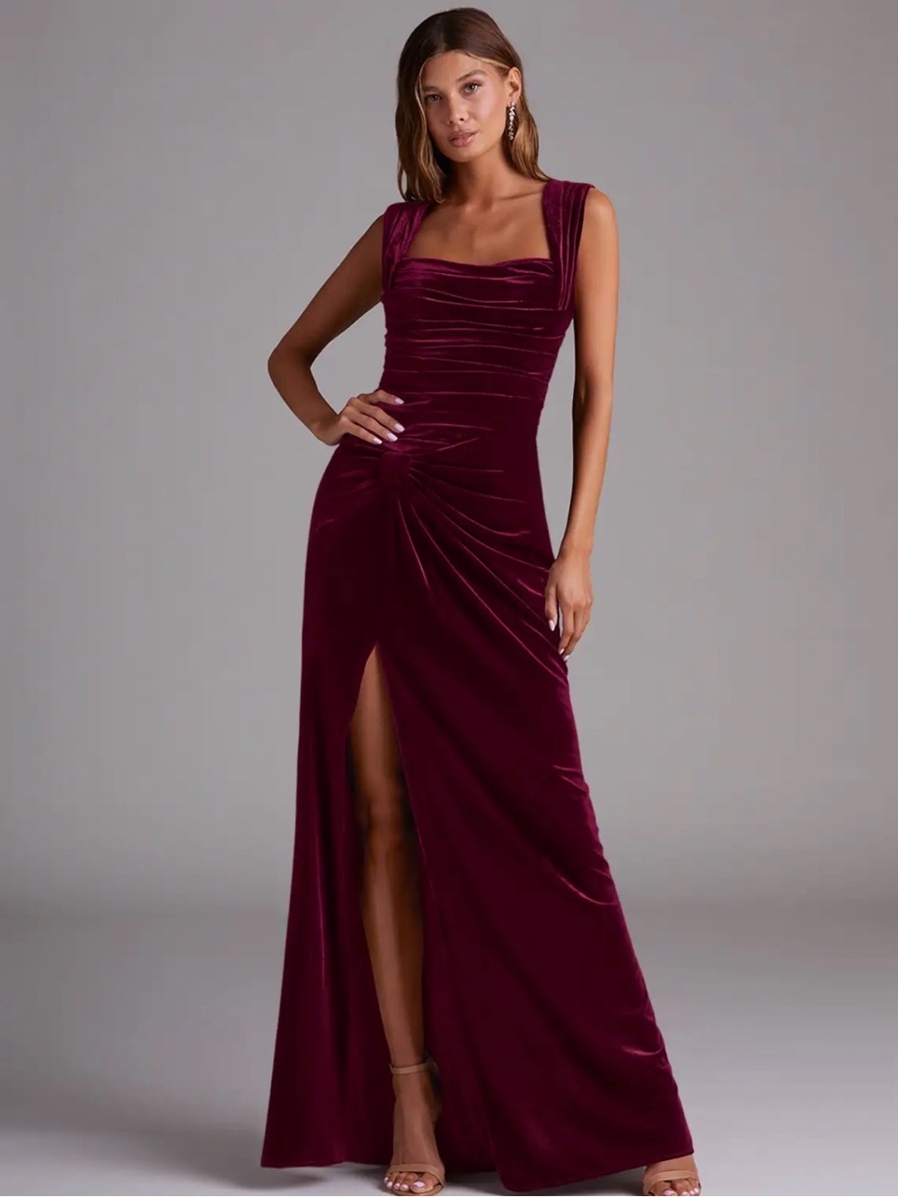 Azazie Genesis Floor Length Dress (Velvet stretch) in Cabernet size A12